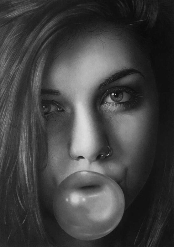 Irsan Gregoire - Bubblegum Graphite on paper. 42 x59 cm. 2018. Signed.  UNIQUE HYPER REALISTIC ART Price upon request.