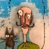 Xavier Yarto - The man with the long mustache and the black cat. 2020 Original Art. Mixed media on paper . 45 x 65 cm Signed.